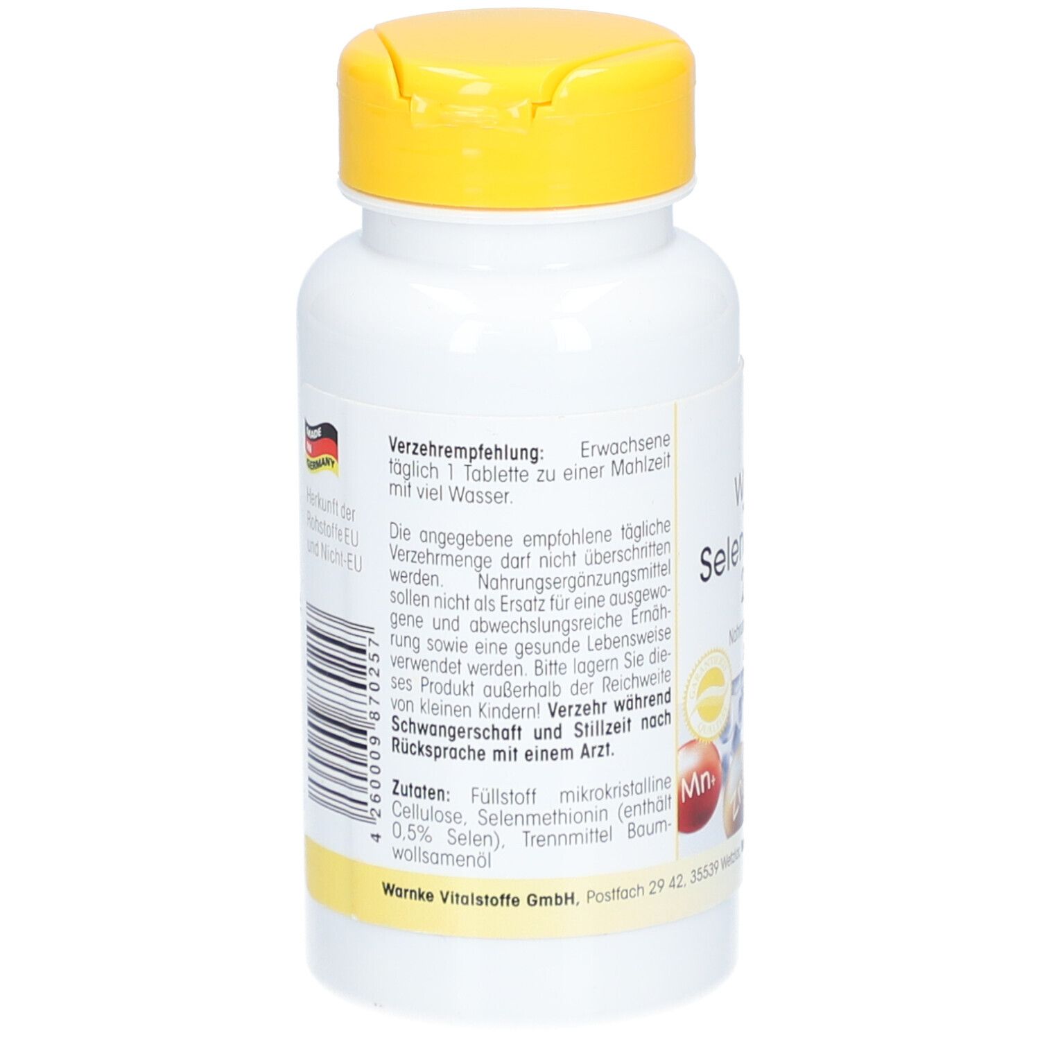 Rückseite der weißen Flasche mit gelbem Deckel. Text: Verzehrempfehlung, Zutaten, Warnhinweise. Mit Deutschland-Flagge.