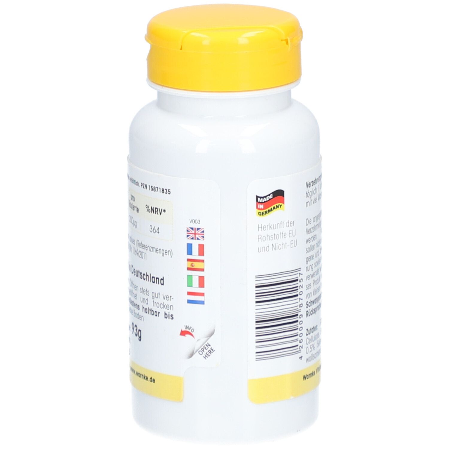 Rückseite der weißen Flasche mit gelbem Deckel. Text: Herkunft Deutschland, Chargennummer, Barcode. Mit EU-Flagge.