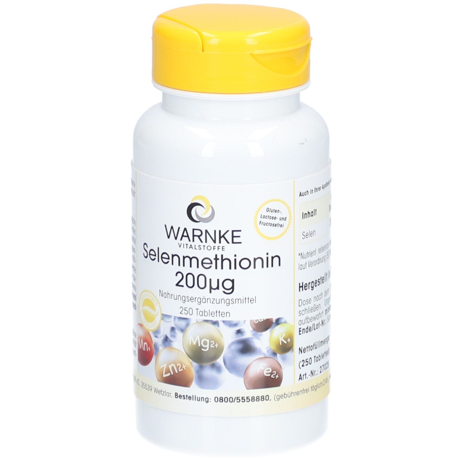 Weiße Flasche mit gelbem Deckel. Aufschrift: WARNKE Selenmethionin 200mcg, 250 Tabletten. Nahrungsergänzungsmittel.