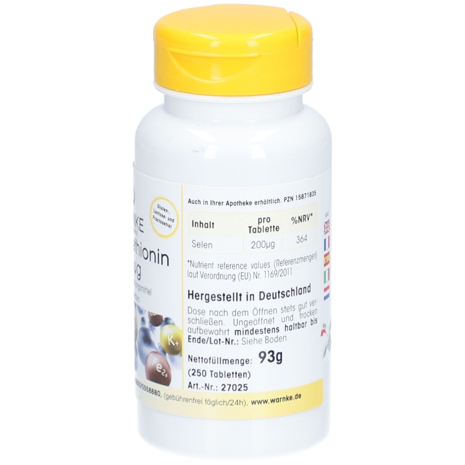 Rückseite der weißen Flasche mit gelbem Deckel. Text: Inhalt, Nährwertangaben, hergestellt in Deutschland, Nettogewicht 93g.