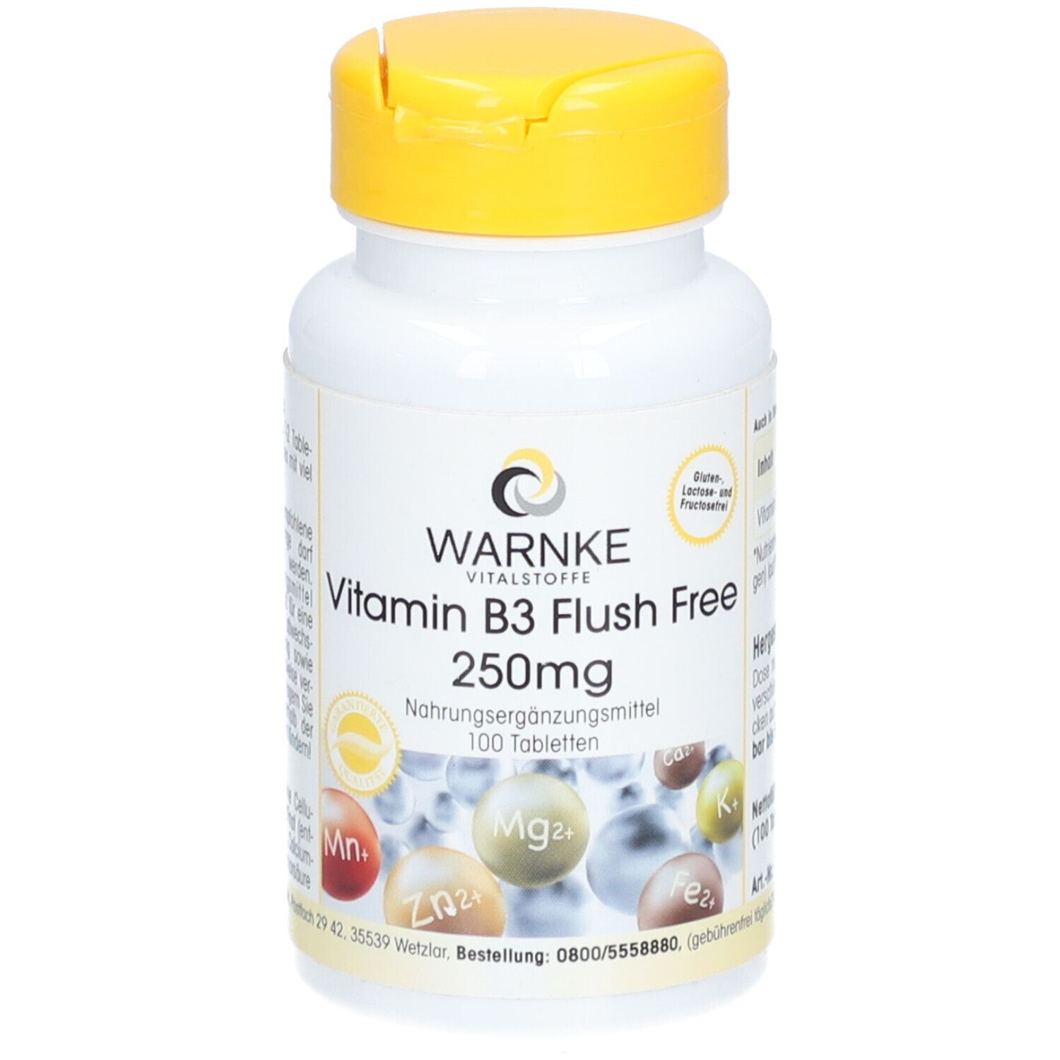 Weiße Flasche mit gelbem Deckel. Aufschrift: WARNKE Vitamin B3 Flush Free 250mg. 100 Tabletten. Nahrungsergänzungsmittel.