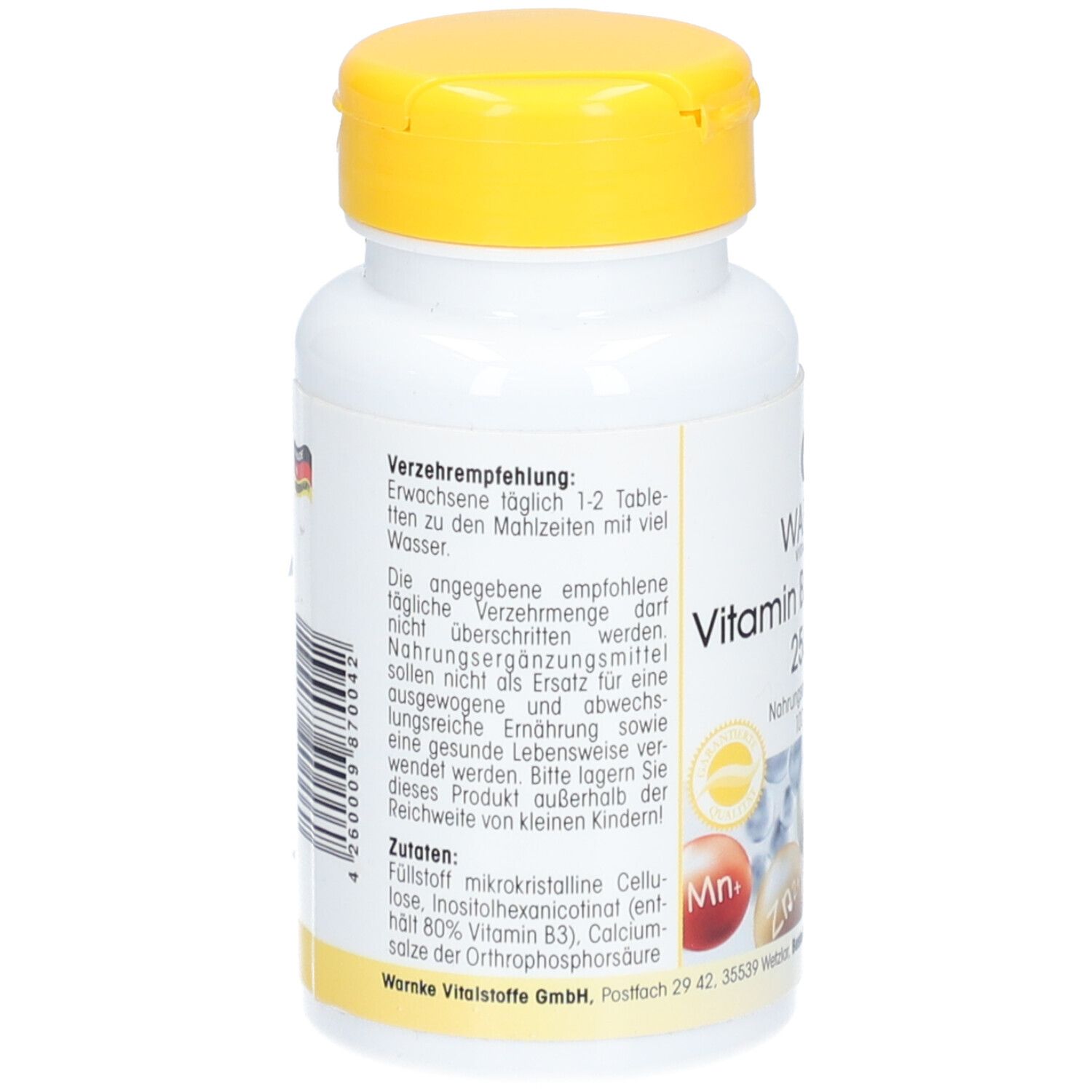 Rückseite der weißen Flasche mit gelbem Deckel. Text: Verzehrempfehlung, Zutaten, Warnke Vitalstoffe.