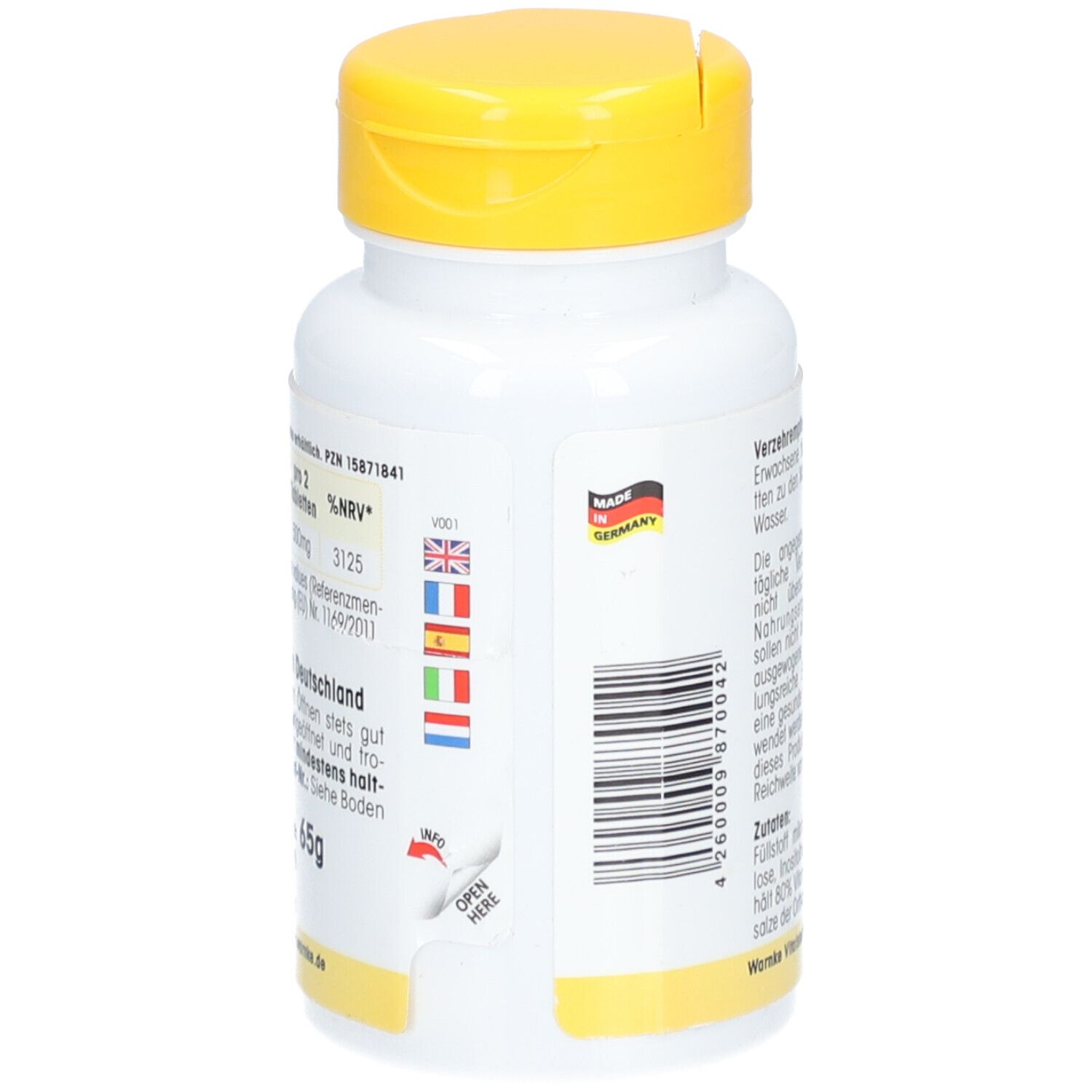 Rückseite der weißen Flasche mit gelbem Deckel. Text: Vitamin B3, Made in Germany, Barcode.