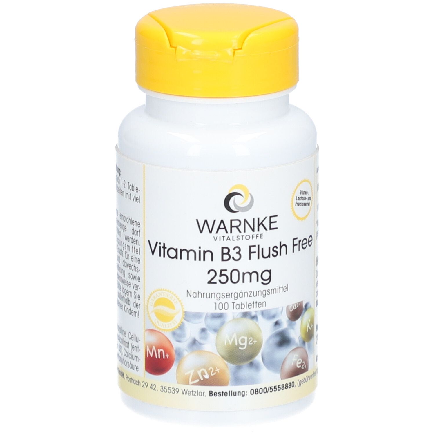 Weiße Flasche mit gelbem Deckel. Aufschrift: WARNKE Vitamin B3 Flush Free 250mg. 100 Tabletten. Nahrungsergänzungsmittel.