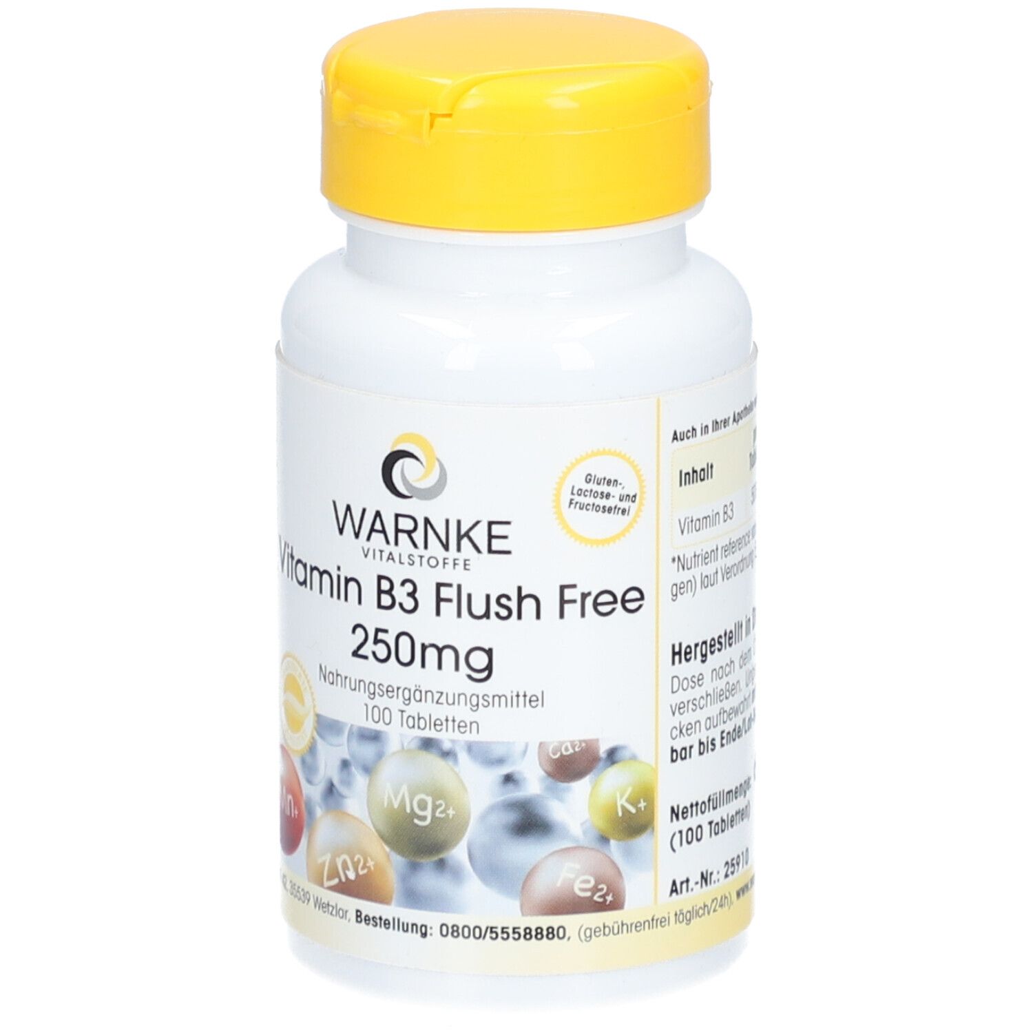 Weiße Flasche mit gelbem Deckel. Aufschrift: WARNKE Vitamin B3 Flush Free 250mg. 100 Tabletten. Nahrungsergänzungsmittel.
