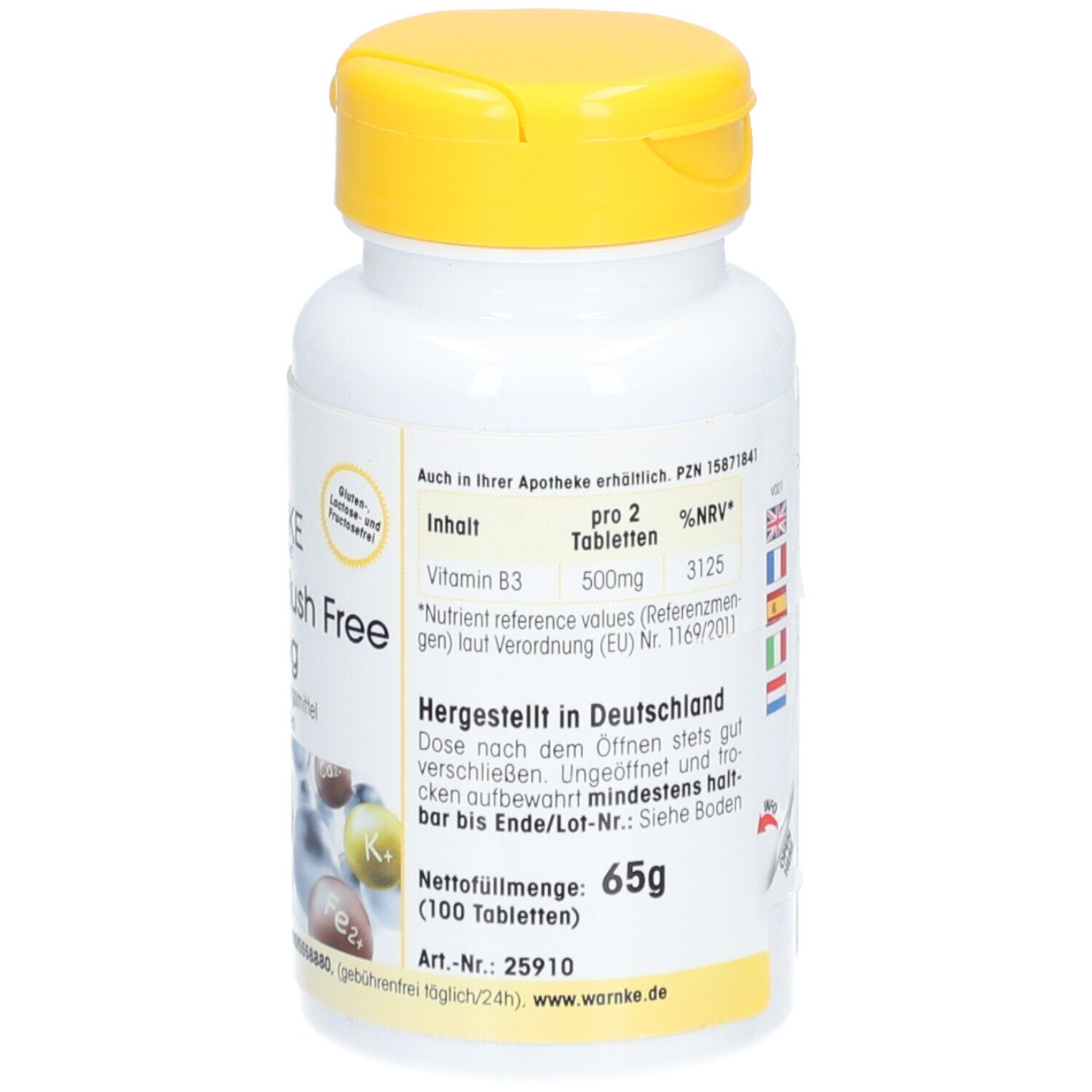 Weiße Flasche mit gelbem Deckel. Text: Vitamin B3, Nettogewicht 65g, 100 Tabletten. Made in Germany.