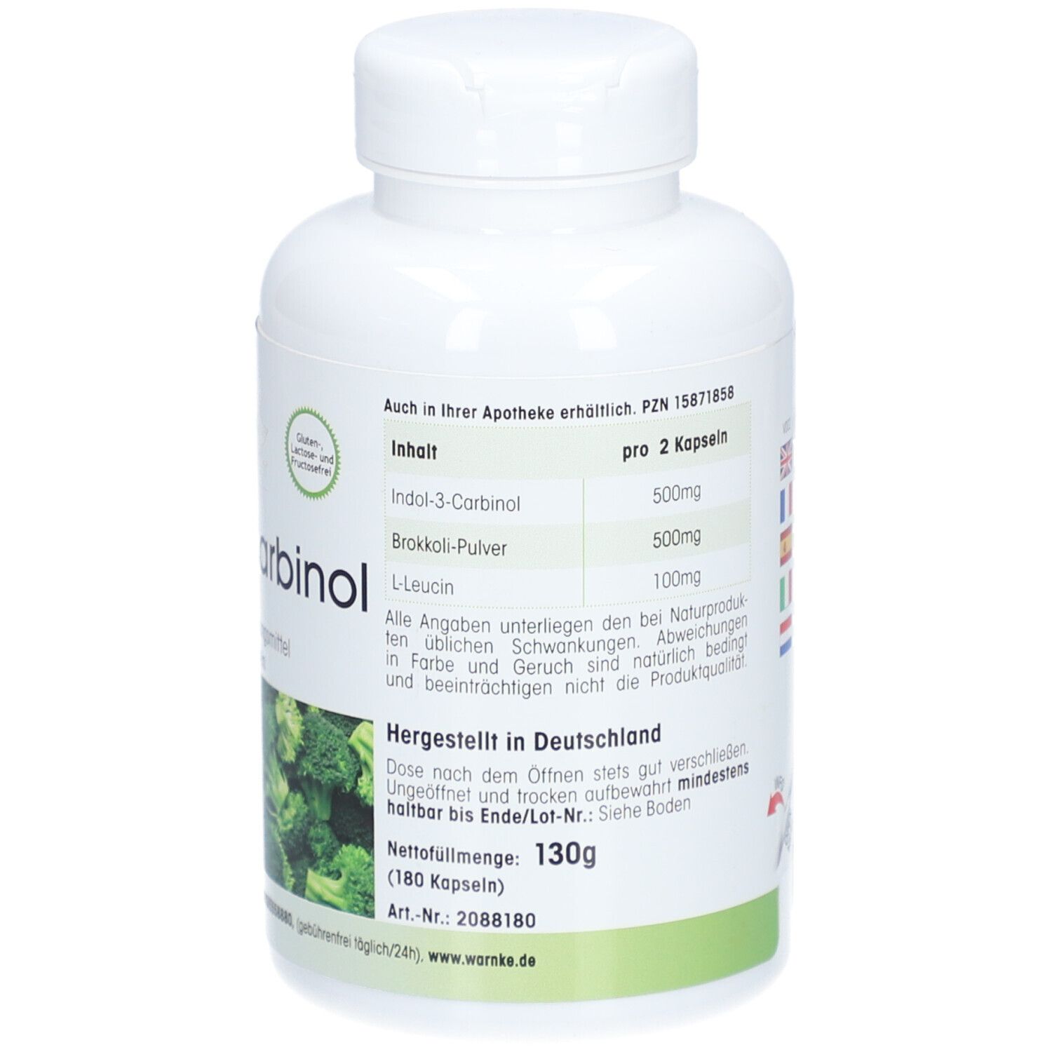 Weiße Flasche mit Schraubverschluss. Aufschrift: Indol-3-Carbinol, 180 Kapseln. Abbildung von Brokkoli. Siegel.