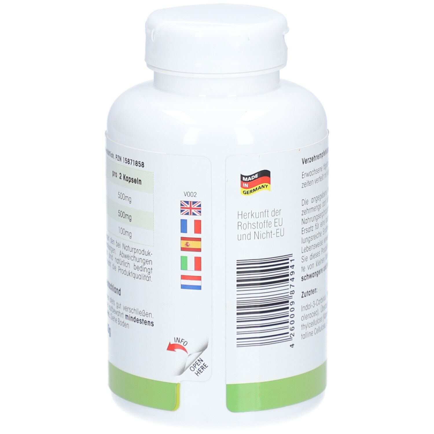 Rückseite der weißen Flasche. Text: Herkunft der Rohstoffe EU und Nicht-EU. Flaggen. Text: Info, Open here.