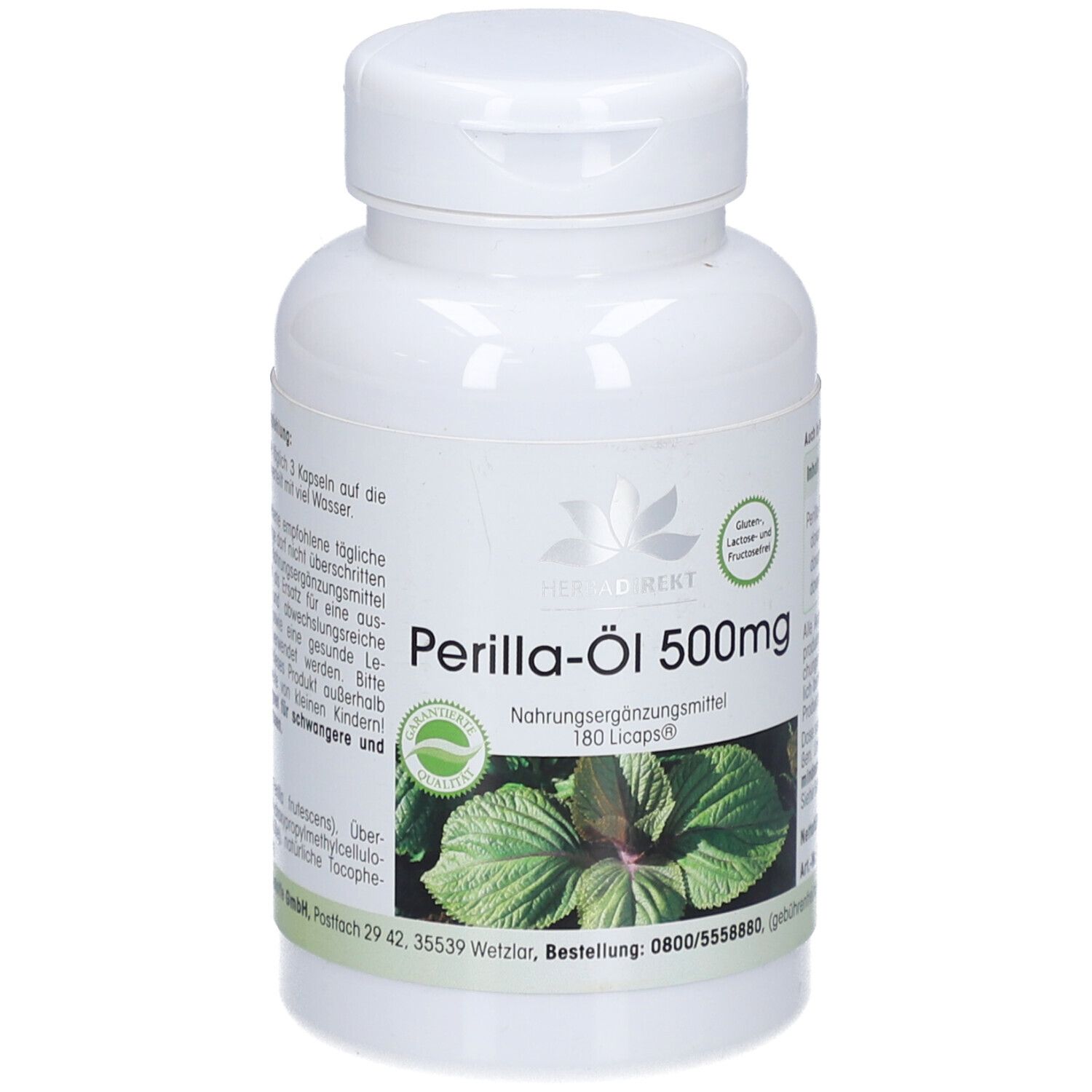 Weiße Flasche mit Schraubverschluss. Aufschrift: Perilla-Öl 500mg, 180 Licaps. Logo und Pflanzenabbildung.
