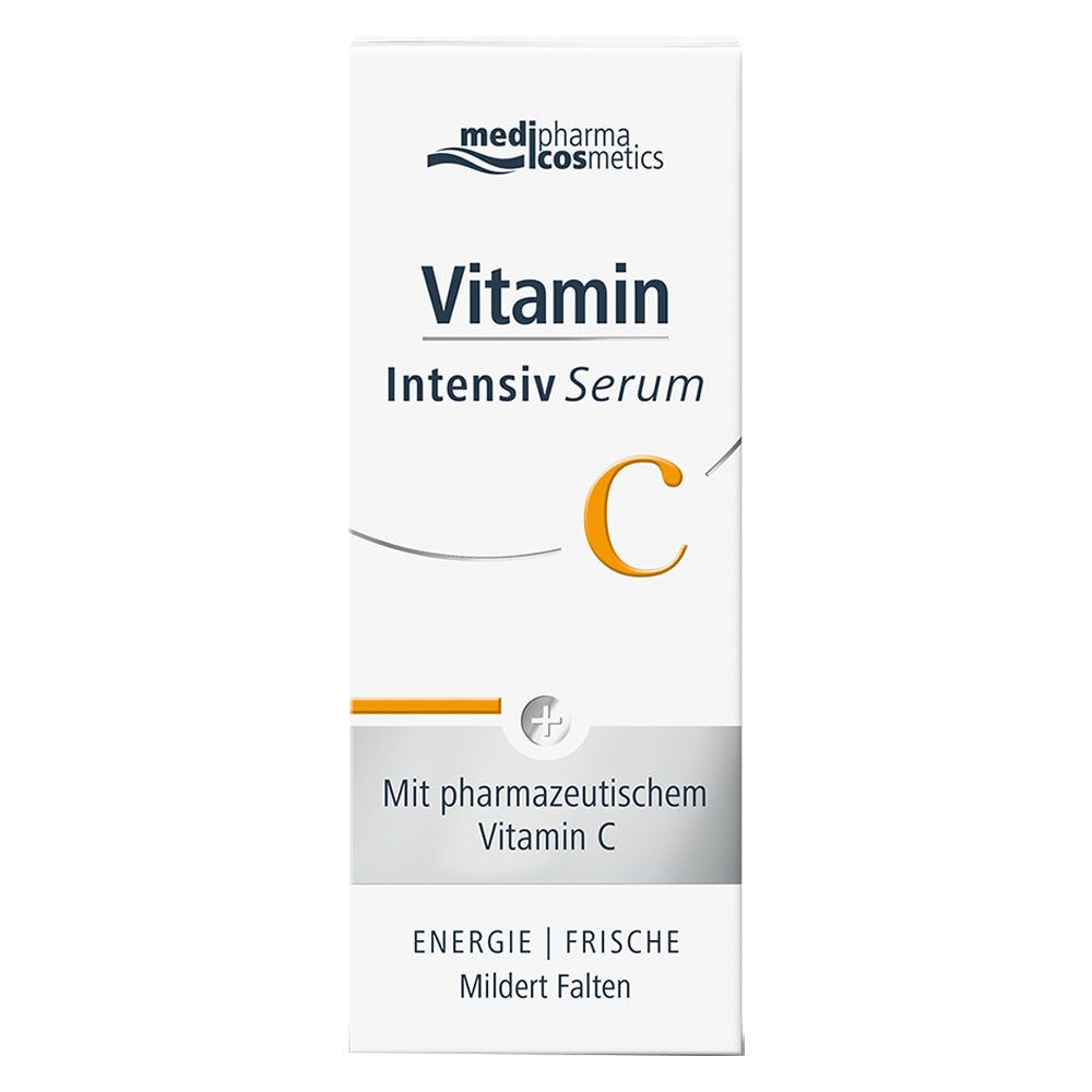 Medipharma cosmetics Vitamin C Intensiv Serum. Weiße Verpackung mit Produktnamen und Logo. Enthält Vitamin C.