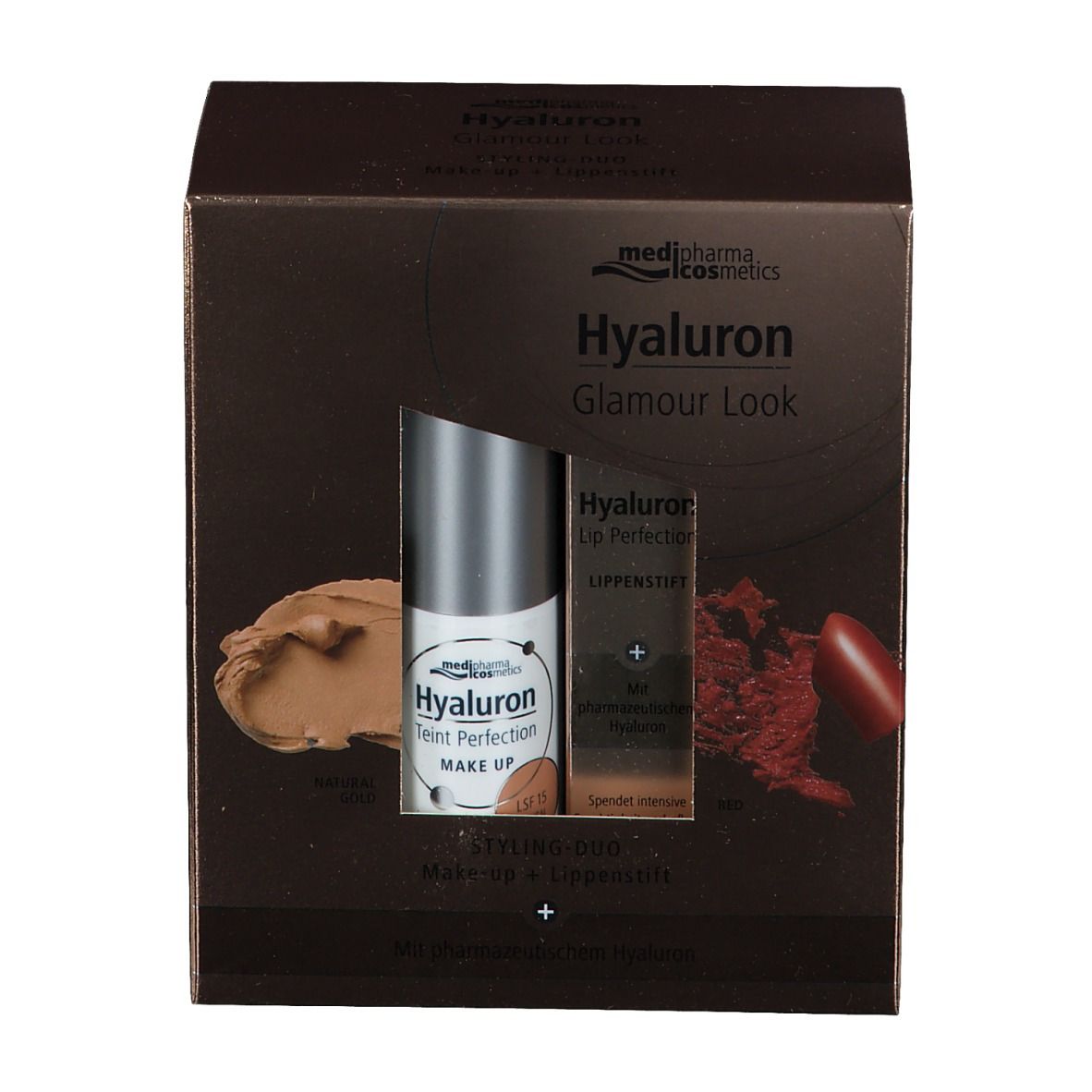 Hyaluron Styling-Duo Make-up + Lippenstift. Verpackung mit Make-up und Lippenstift. Braune Verpackung mit Produktabbildungen.