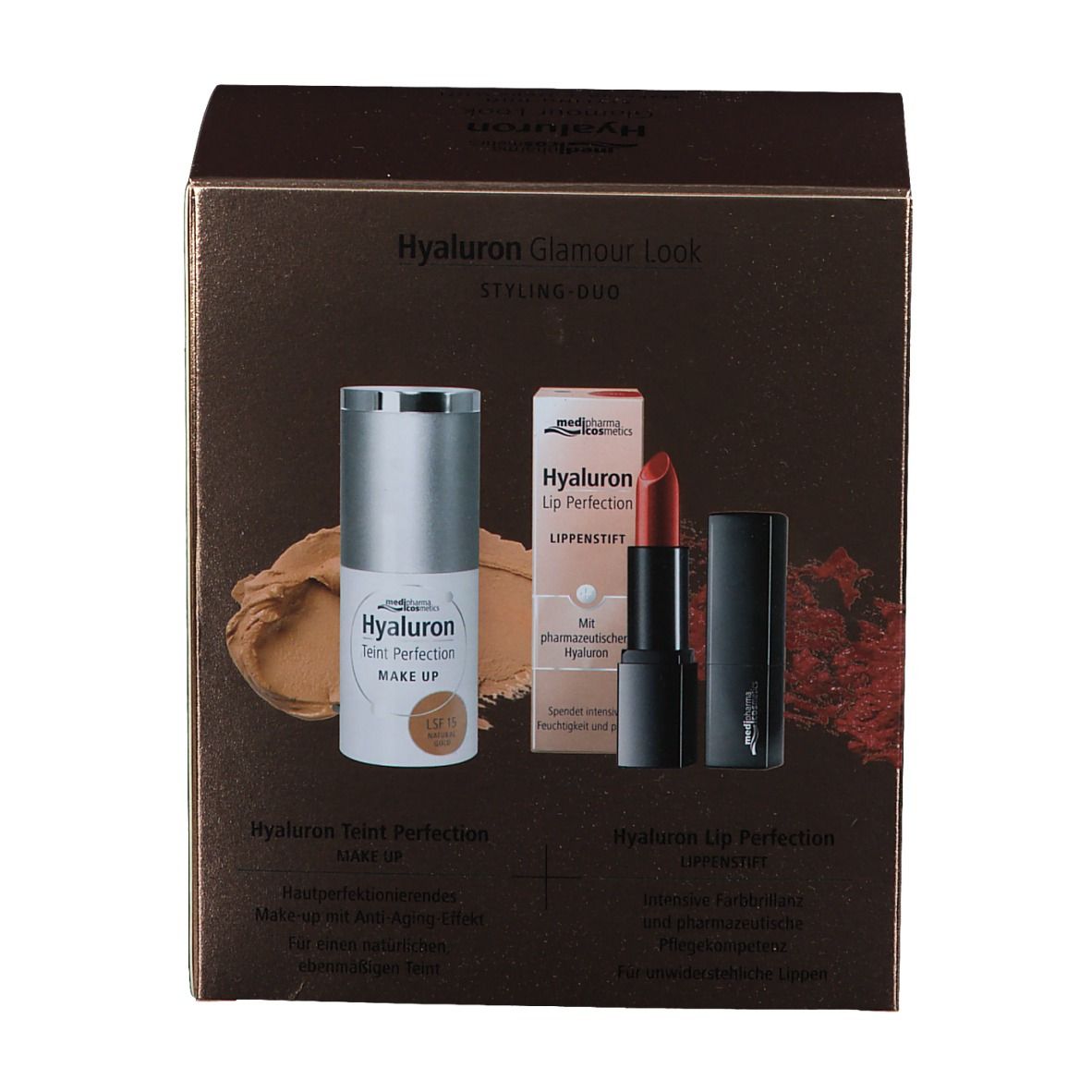 Hyaluron Styling-Duo Make-up + Lippenstift. Verpackung mit Make-up und Lippenstift. Make-up und Lippenstift sind sichtbar.
