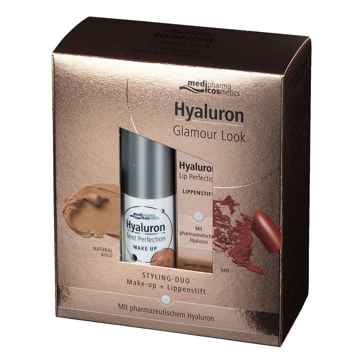 Hyaluron Styling-Duo Make-up + Lippenstift. Goldfarbene Verpackung mit Make-up und Lippenstift. Produkte sind sichtbar.