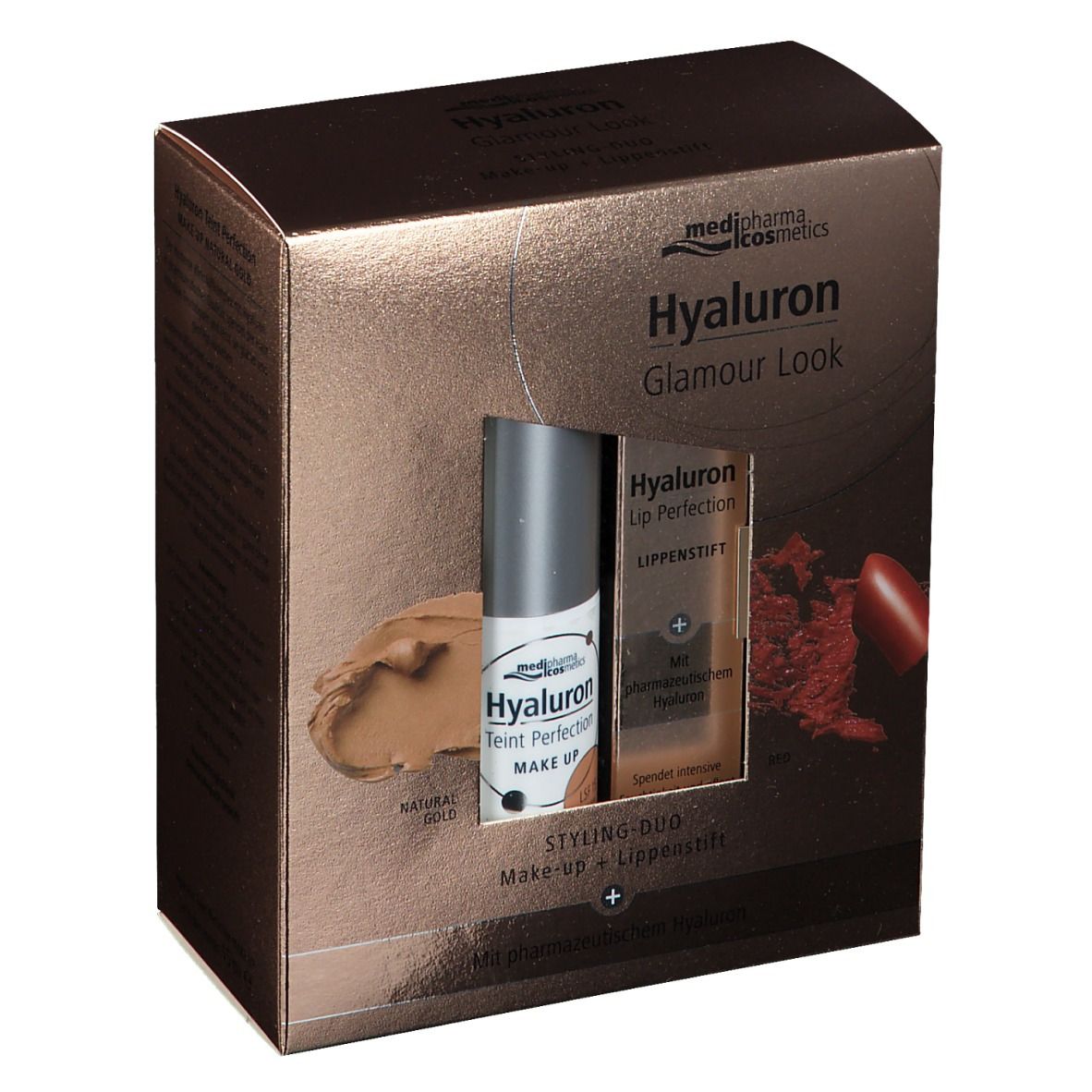 Hyaluron Styling-Duo Make-up + Lippenstift. Goldfarbene Verpackung mit Make-up und Lippenstift. Produkte sind sichtbar.
