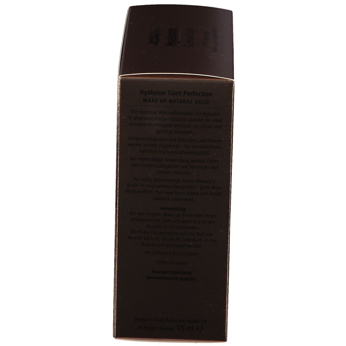 Braune Verpackung mit Text. Enthält Informationen zu Hyaluron Tint Perfection Make-up. Text in deutscher Sprache.