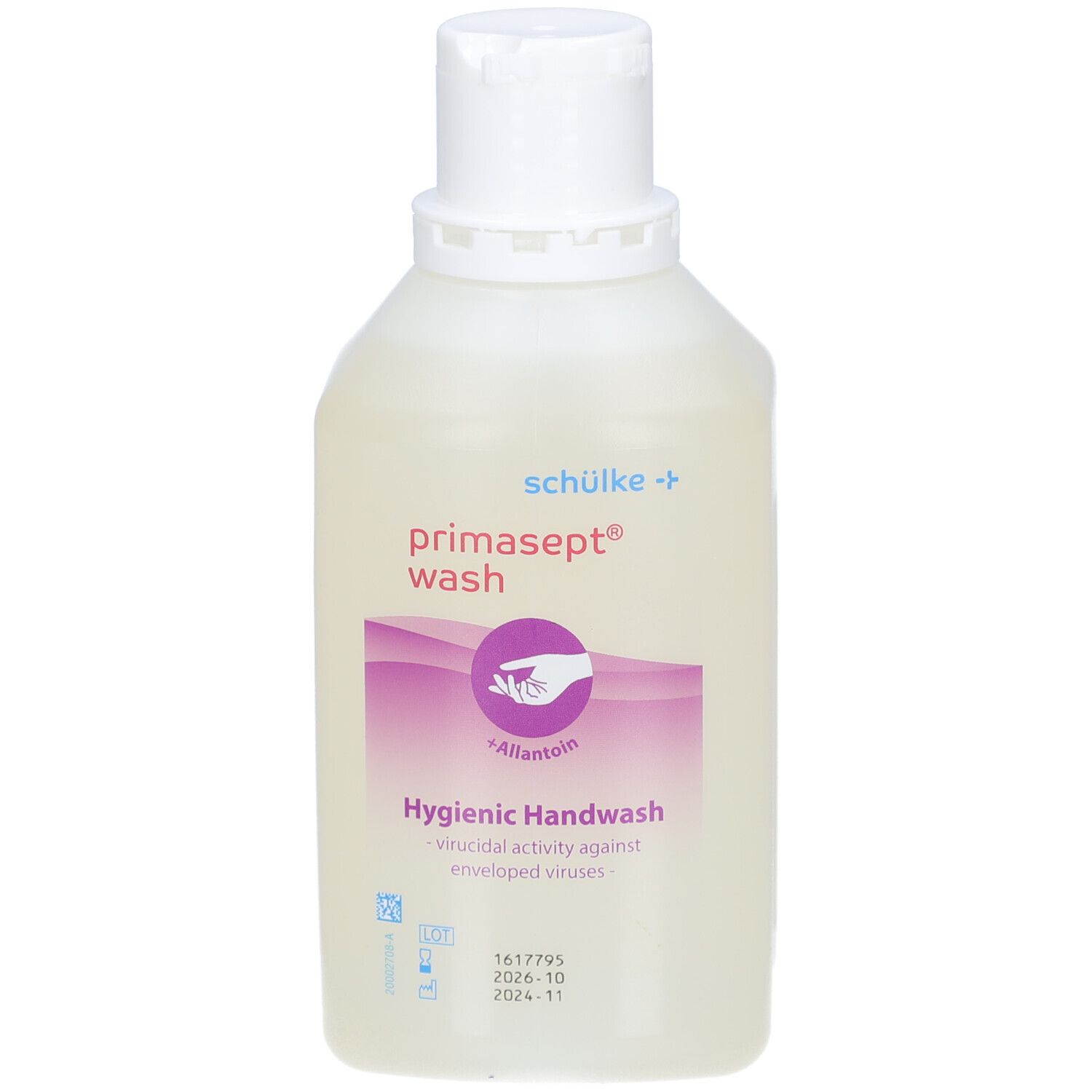 Flasche mit weißem Deckel. Aufschrift: primasept® wash, Hygienische Handwaschlotion. Lila Etikett mit Hand-Symbol.