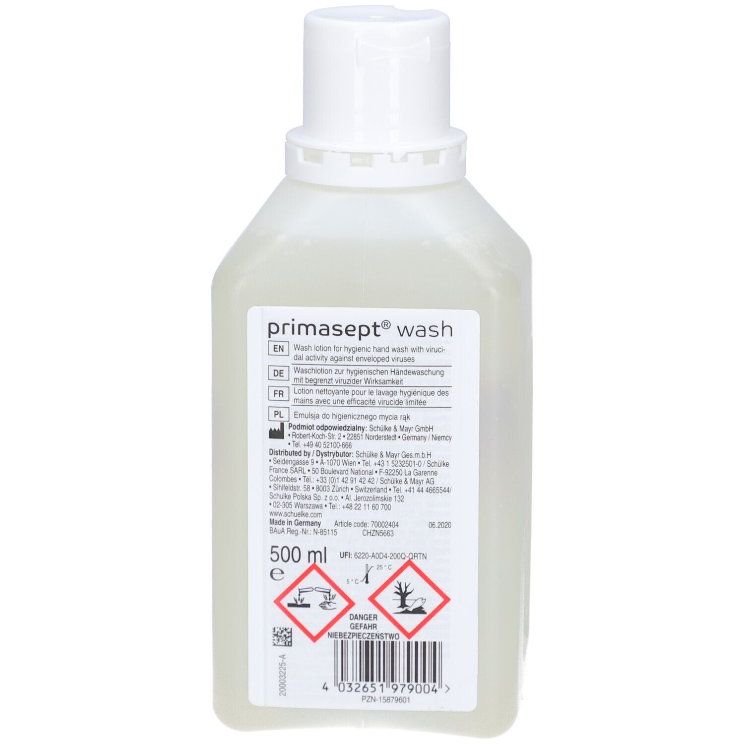 Flasche mit weißem Deckel. Rückseite mit Text und Symbolen. Enthält 500 ml. Warnhinweise für Gefahr.