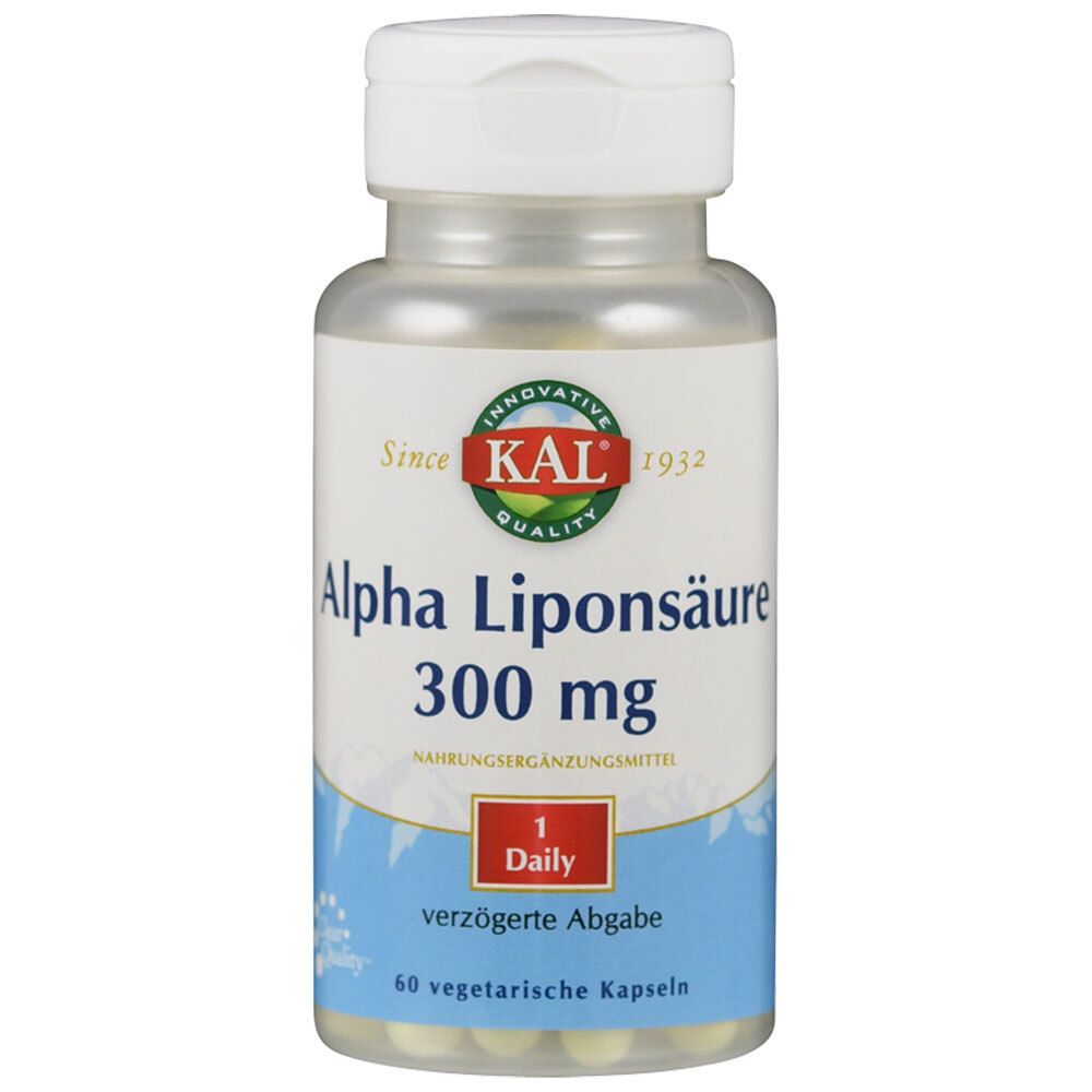 Kapsel-Dose mit Alpha Liponsäure 300 mg. Weißer Deckel, transparente Dose, blaue Etiketten. Marke: KAL.