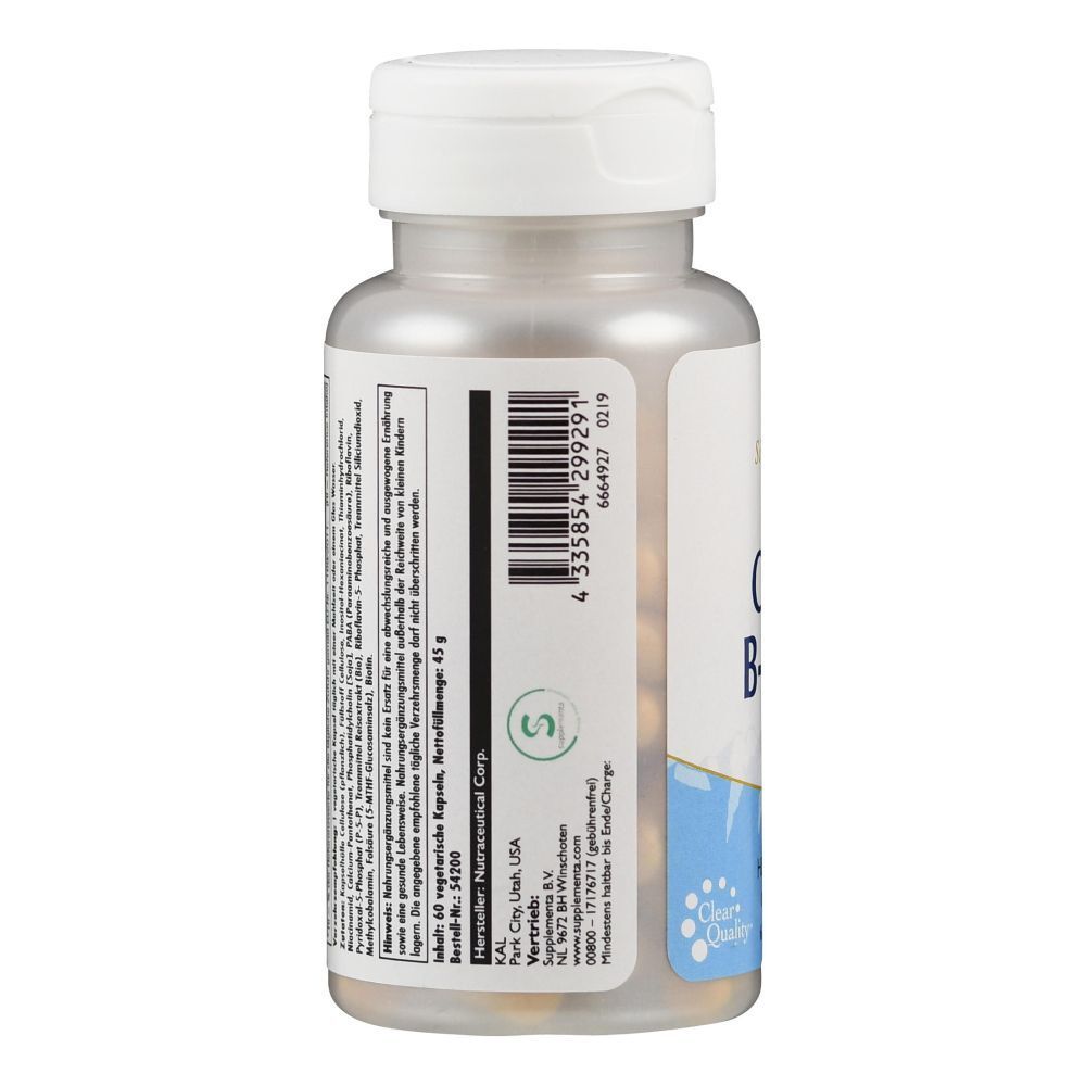 Rückseite der Flasche mit Barcode und Herstellerinformationen. Enthält Kapseln. Weißer Deckel.