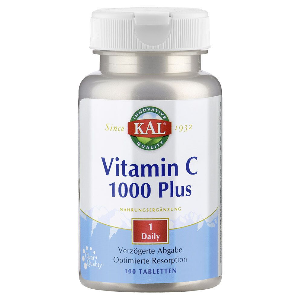 Zylindrische Flasche mit weißem Deckel. Aufschrift: Vitamin C 1000 Plus, 100 Tabletten. Marke: KAL.