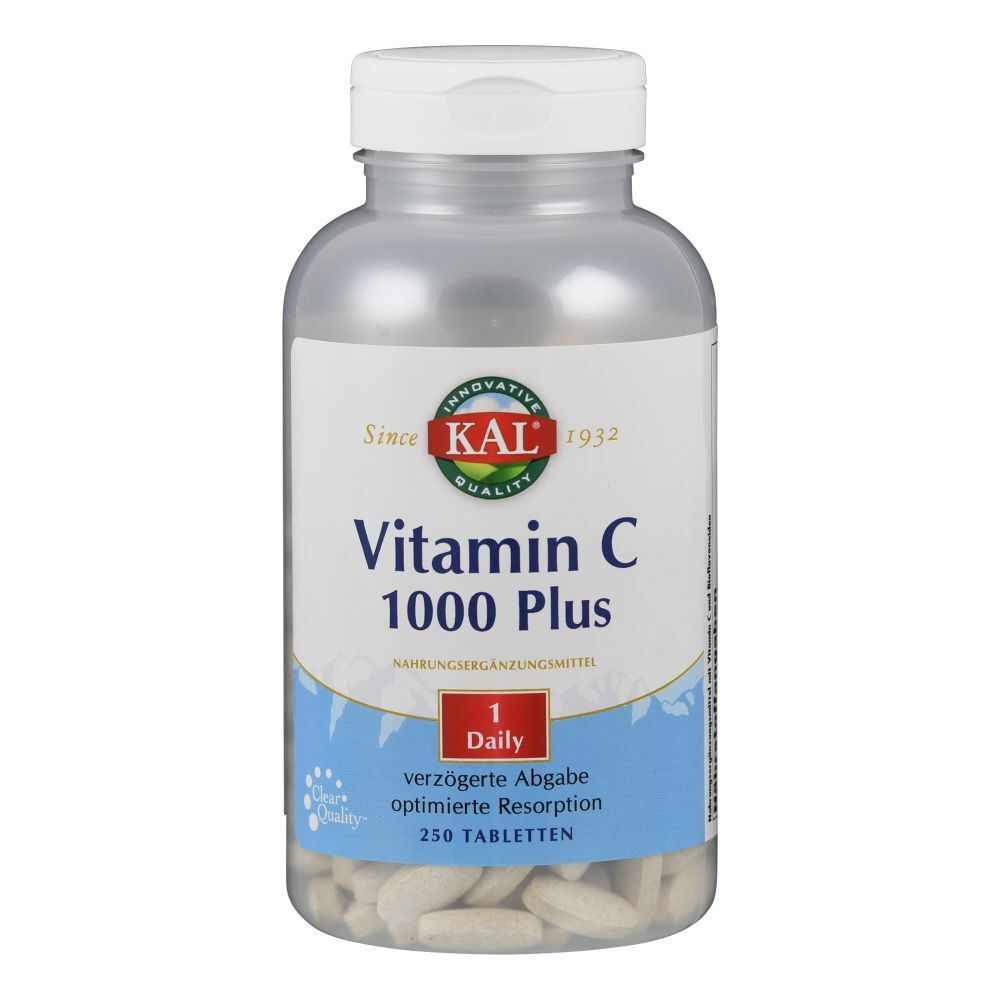 Klare Flasche mit weißen Tabletten. Aufschrift: KAL Vitamin C 1000 Plus. 250 Tabletten. Weiße Kappe.