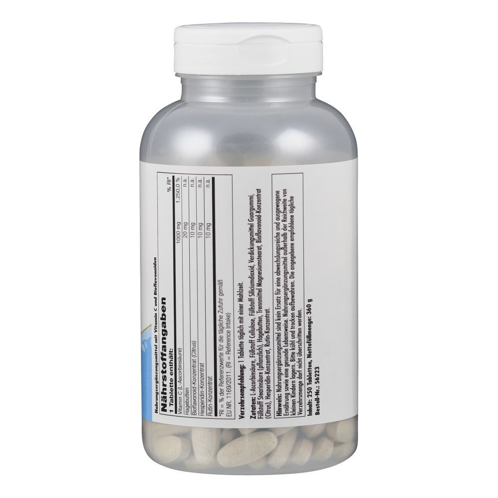 Rückseite der Flasche mit weißen Tabletten. Aufschrift: Nährstoffangaben. Zutatenliste. Weiße Kappe.