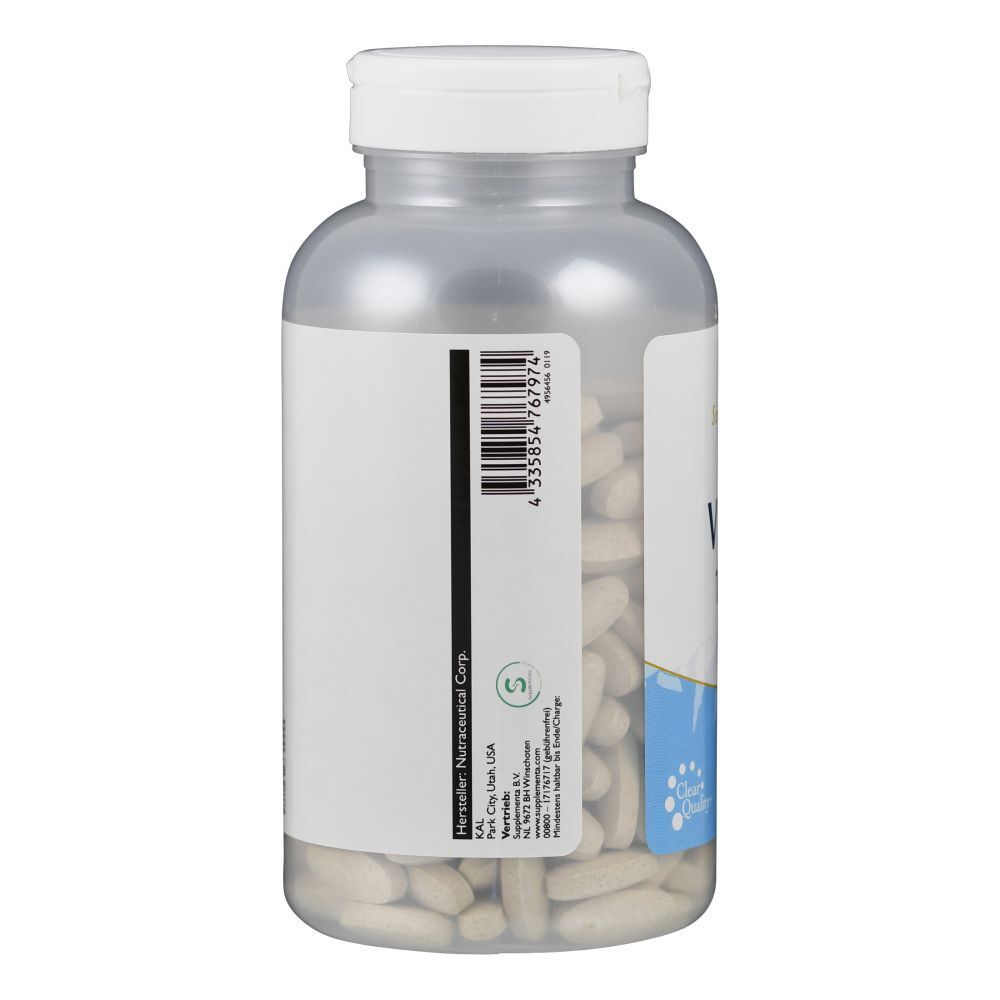 Rückseite der Flasche mit weißen Tabletten. Barcode. Herstelleradresse. Weiße Kappe.