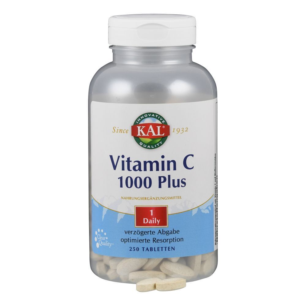Klare Flasche mit weißen Tabletten. Aufschrift: KAL Vitamin C 1000 Plus. 250 Tabletten. Weiße Kappe. Tabletten liegen davor.
