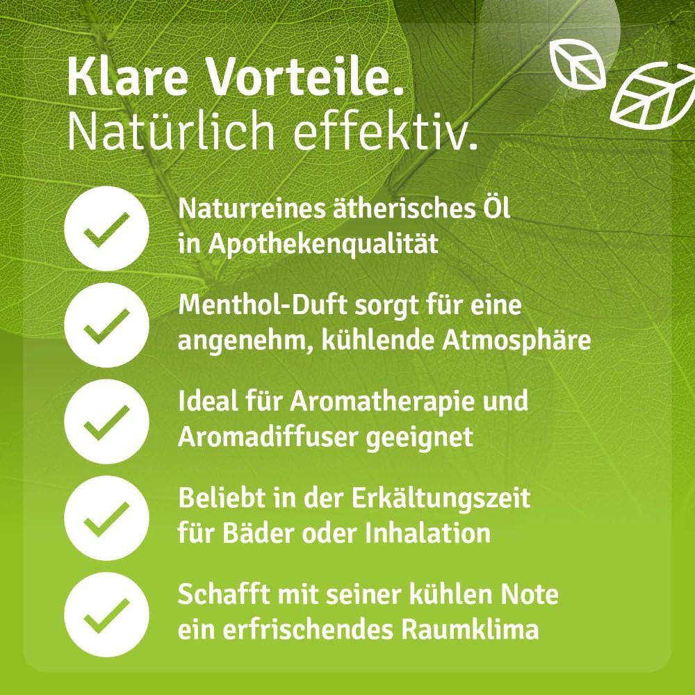 Grüner Hintergrund mit weißen Häkchen und Text. Beschreibt Vorteile: rein, Menthol-Duft, Aromatherapie, Erkältung, Raumklima.