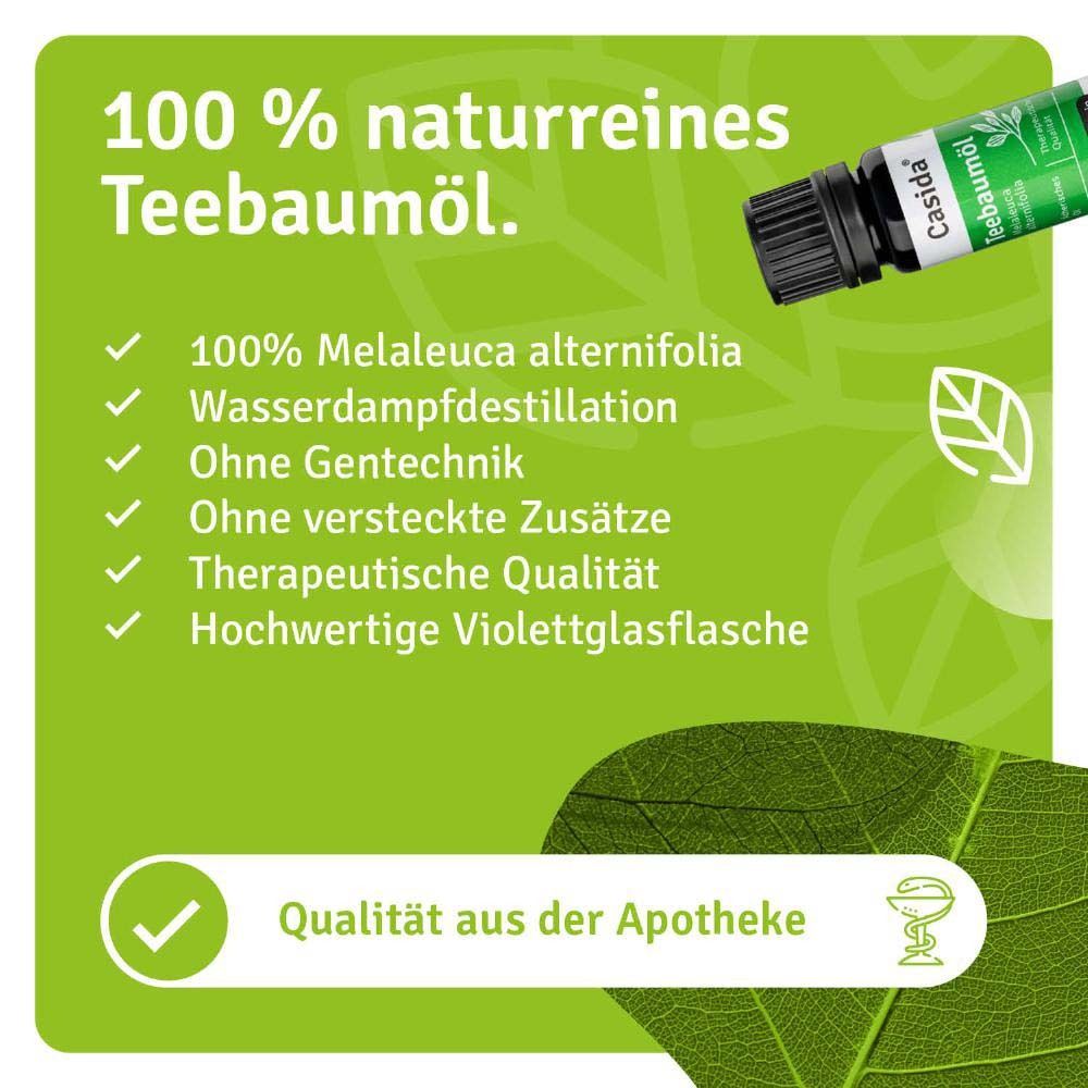 Grüner Hintergrund mit Text. 100% naturreines Teebaumöl. Eigenschaften: Apothekenqualität, ohne Gentechnik, therapeutisch.