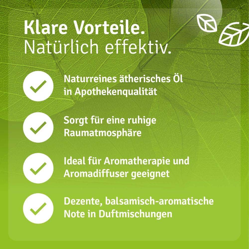 Produktflasche mit Text auf grünem Hintergrund. Vorteile: naturreines ätherisches Öl, geeignet für Aromatherapie. 