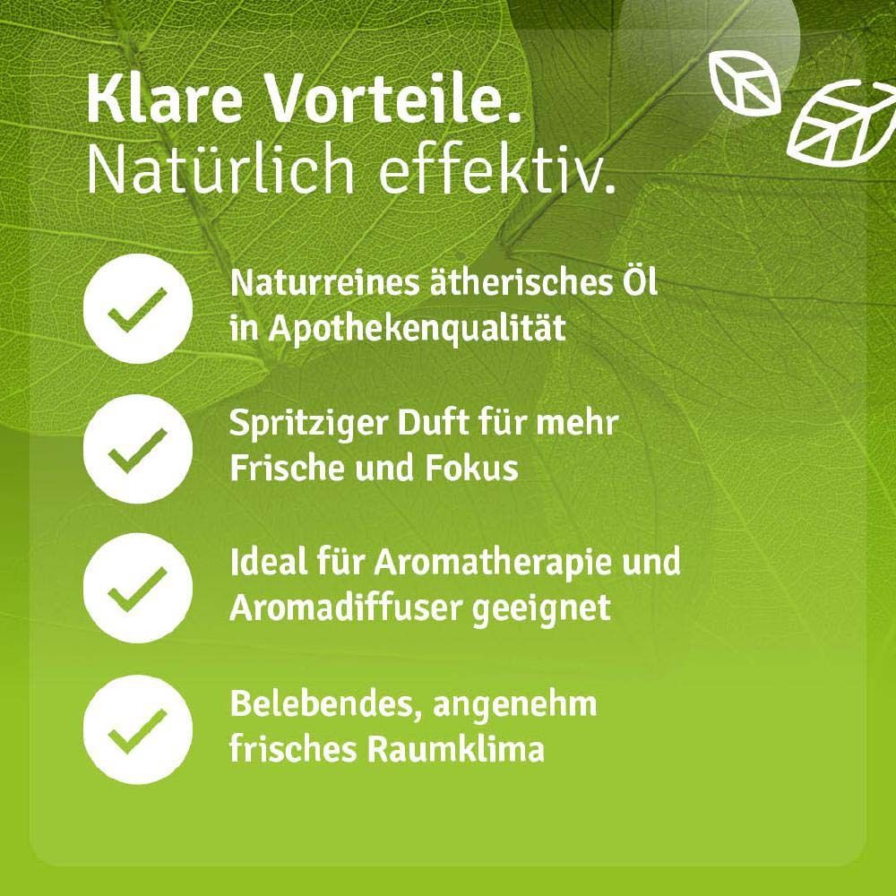 Glasflasche "Casida Zitronenöl". Text: "Klare Vorteile. Natürlich effektiv". Check-Zeichen. Aromatherapie geeignet.