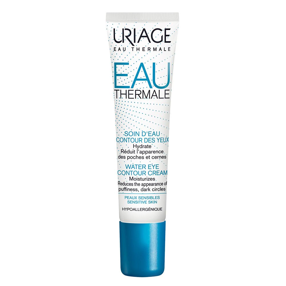 Uriage Eau Thermale Augenpflege-Tube. Weiß, mit blauer Schrift. Enthält Text: Eau Thermale, Water Eye Contour Cream. Blauer Deckel.
