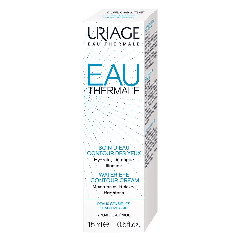 Uriage Eau Thermale Augenpflege-Verpackung. Weiß, blaue Schrift. Enthält Text: Eau Thermale, Water Eye Contour Cream. 15ml.