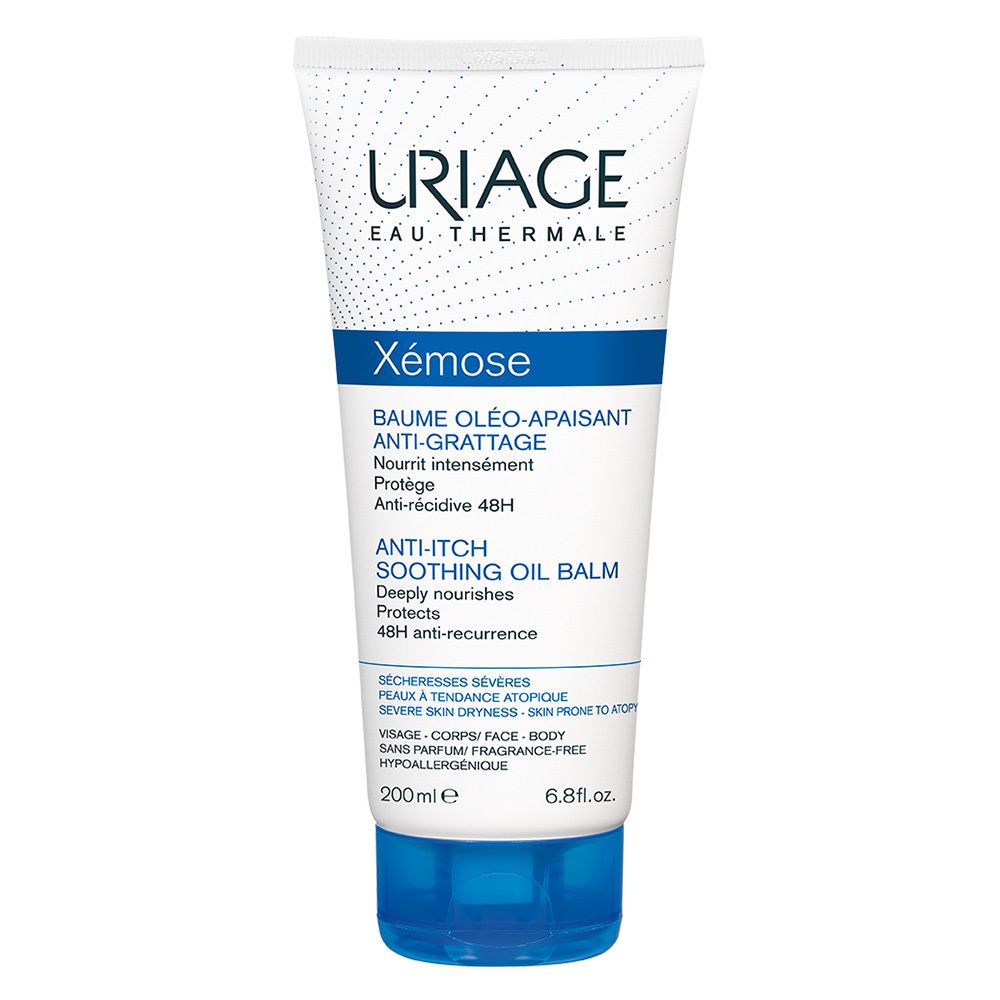 Uriage Xemose Anti-Itch Soothing Oil Balm in einer Tube mit 200 ml Inhalt. Für trockene, zu Atopie neigende Haut.
