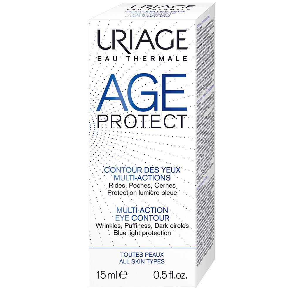 Kartonverpackung. Aufschrift: URIAGE AGE PROTECT. Text: Contour des yeux, Multi-Actions. Inhalt: 15 ml, 0.5 fl.oz.