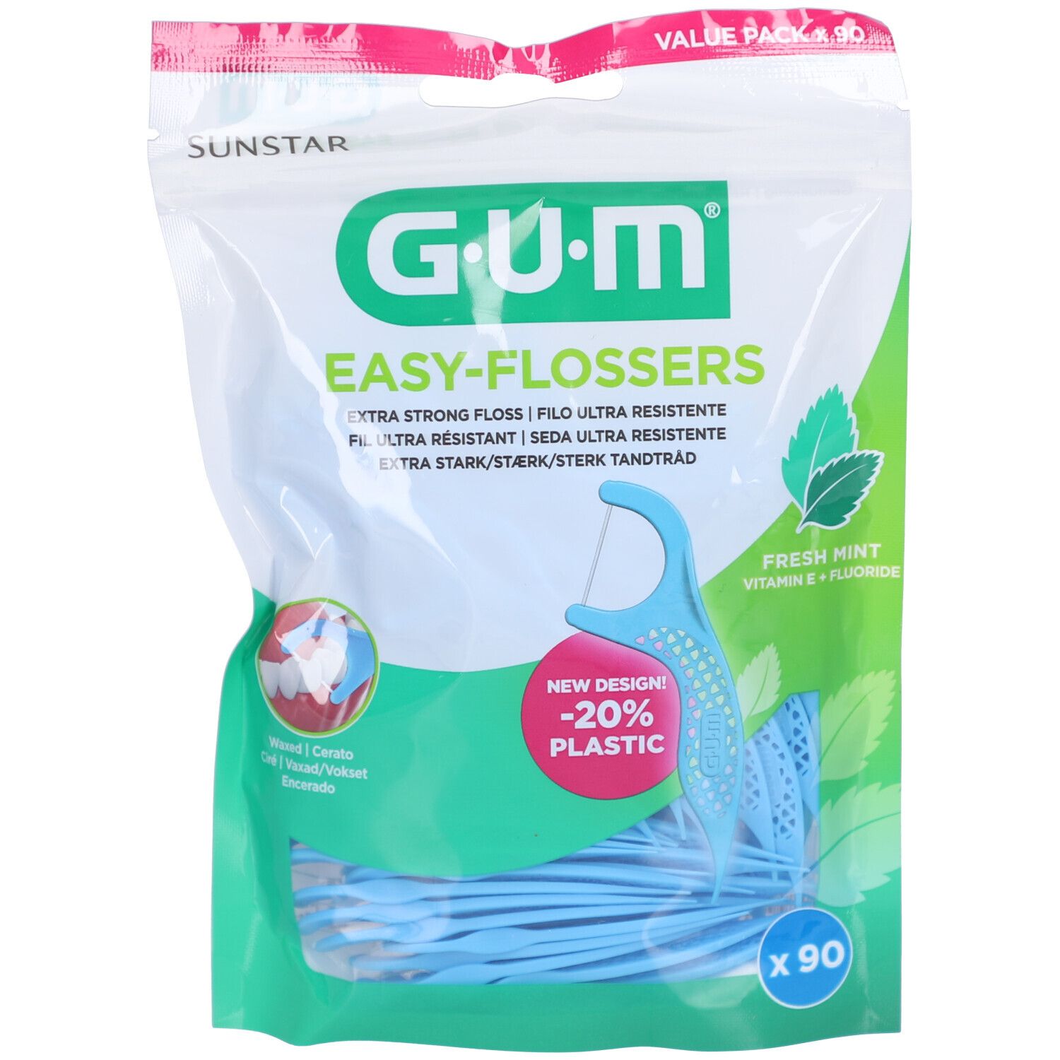 Verpackung mit blauen GUM Easy-Flossers. Enthält 90 Stück. Aufschrift: Extra starke Zahnseide, Fresh Mint, Vitamin E + Fluorid.