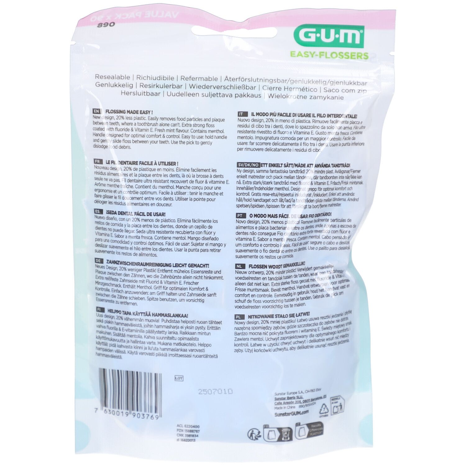 Rückseite der Verpackung mit GUM Easy-Flossers. Text in mehreren Sprachen. Enthält Informationen zur Anwendung und Inhaltsstoffe.