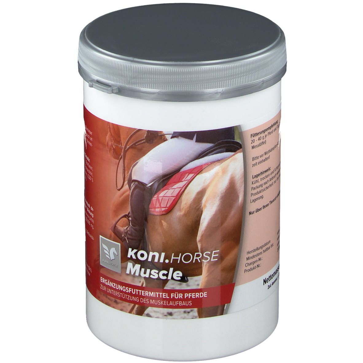Weißer Behälter mit grauem Deckel. Aufschrift: koni.HORSE Muscle. Ergänzungsfuttermittel für Pferde. Abbildung eines Pferdes mit Reiter.