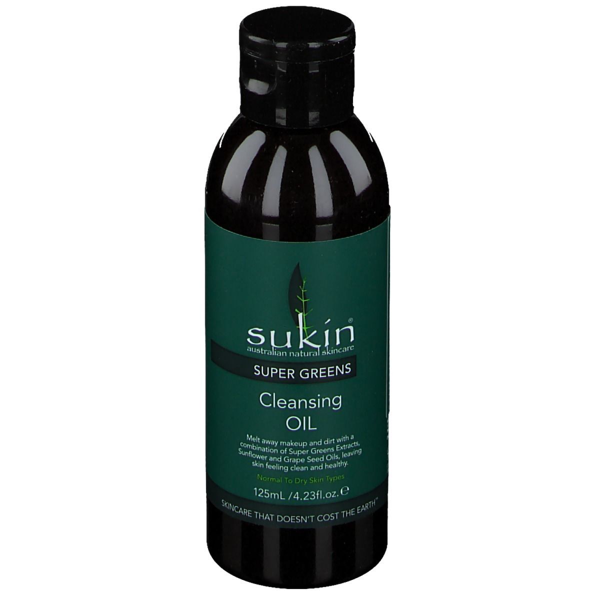 Dunkle Flasche mit grünem Etikett. Aufschrift: Sukin Super Greens Cleansing Oil. Enthält 125ml.