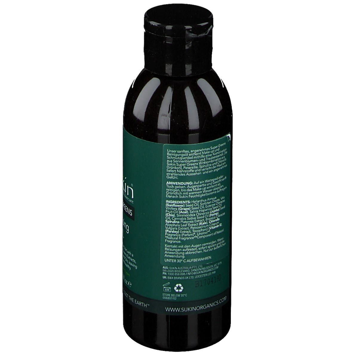 Rückseite der Flasche. Grünes Etikett mit Text. Enthält Inhaltsstoffe und Anwendungshinweise. Sukin-Logo.