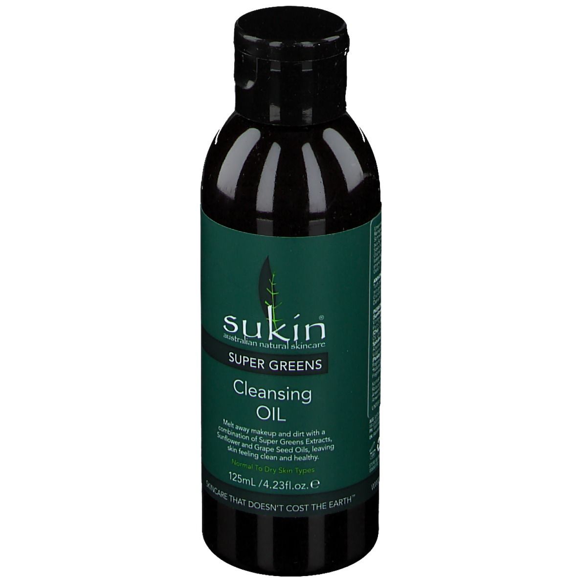 Dunkle Flasche mit grünem Etikett. Aufschrift: Sukin Super Greens Cleansing Oil. Enthält 125ml.