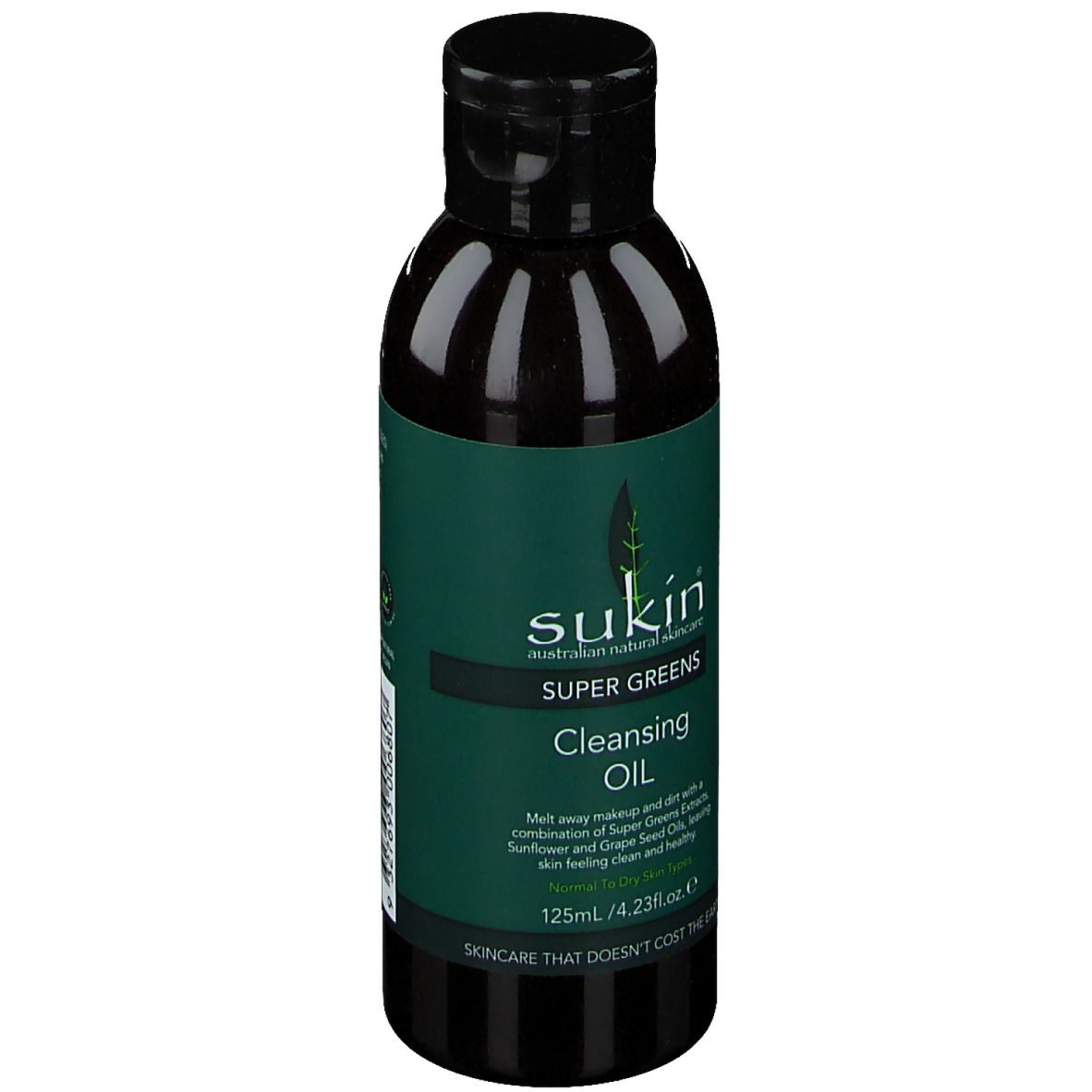 Dunkle Flasche mit grünem Etikett. Aufschrift: Sukin Super Greens Cleansing Oil. Enthält 125ml.
