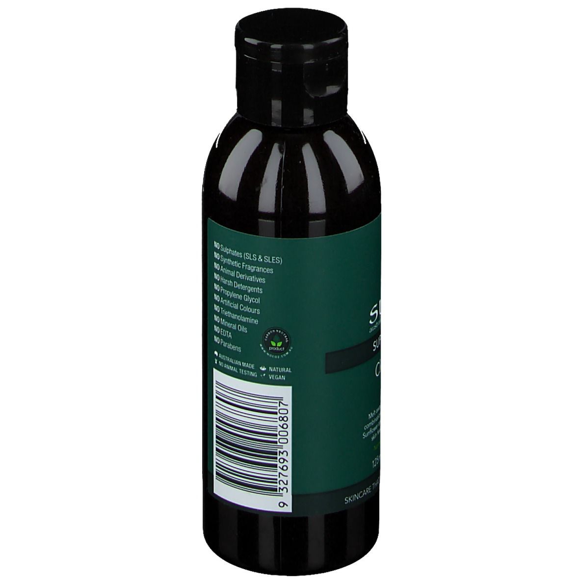 Rückseite der Flasche. Grünes Etikett mit Text. Enthält Inhaltsstoffe und Anwendungshinweise. Sukin-Logo.