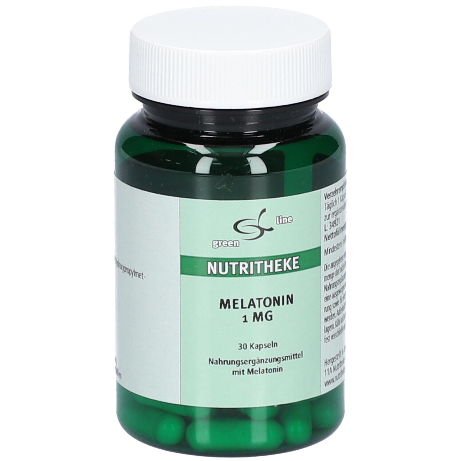 Grüne Kapseln in einer grünen Flasche mit weißem Deckel. Aufschrift: NUTRITHEKE MELATONIN 1 mg. 30 Kapseln.