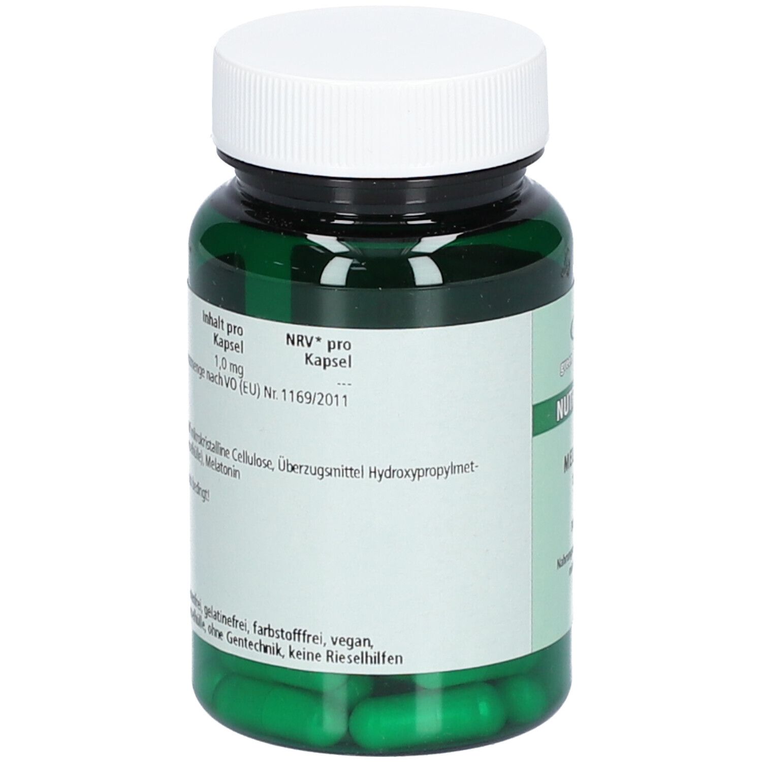 Rückseite einer grünen Flasche mit weißen Deckel. Enthält Informationen zu Inhaltsstoffen und Nährwertangaben. Vegan, glutenfrei.