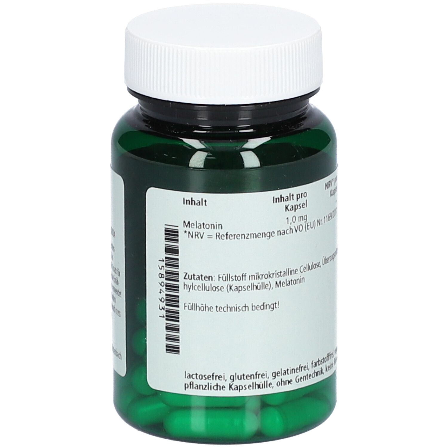 Rückseite einer grünen Flasche mit weißen Deckel. Enthält Informationen zu Inhaltsstoffen und Nährwertangaben. Vegan, glutenfrei.