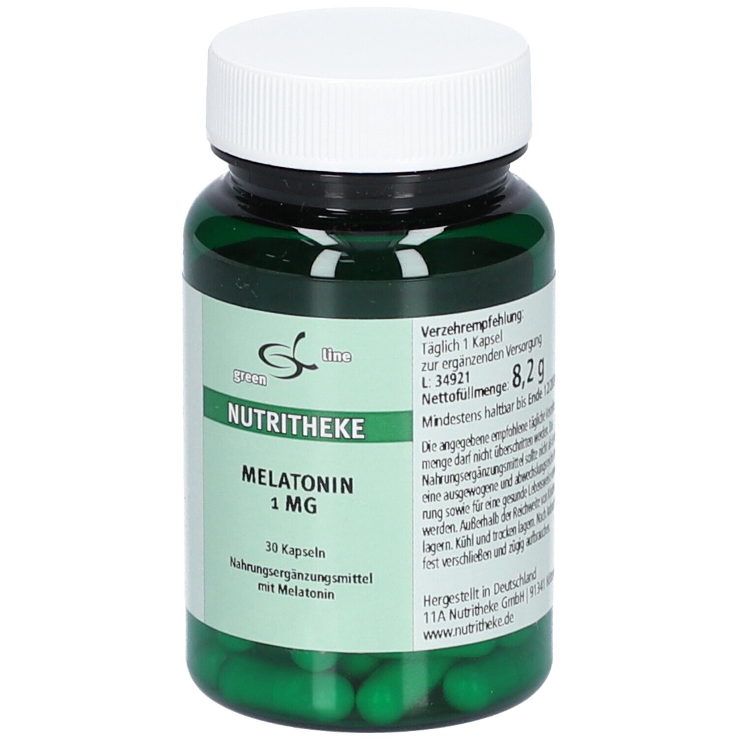 Grüne Kapseln in einer grünen Flasche mit weißem Deckel. Aufschrift: NUTRITHEKE MELATONIN 1 mg. 30 Kapseln.
