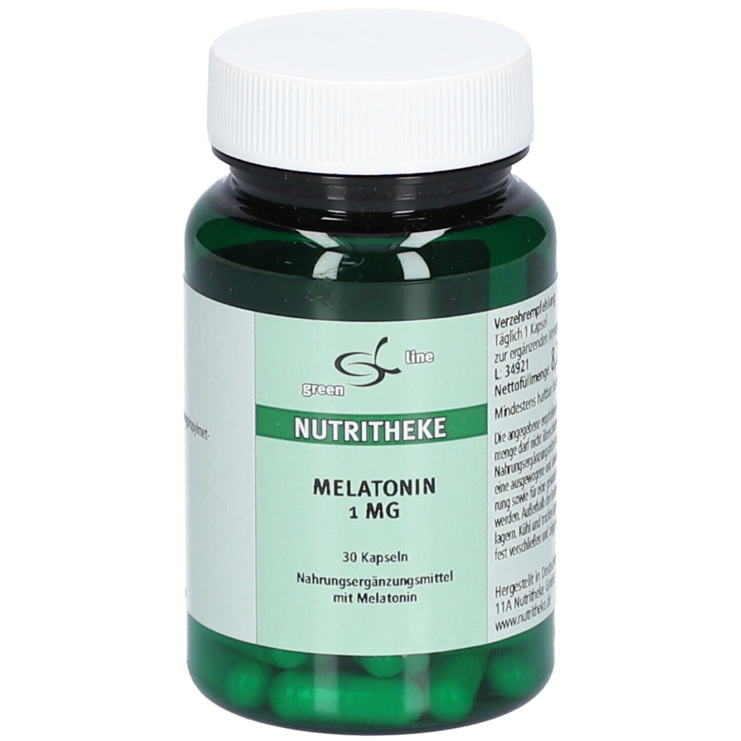 Grüne Kapseln in einer grünen Flasche mit weißem Deckel. Aufschrift: NUTRITHEKE MELATONIN 1 mg. 30 Kapseln.
