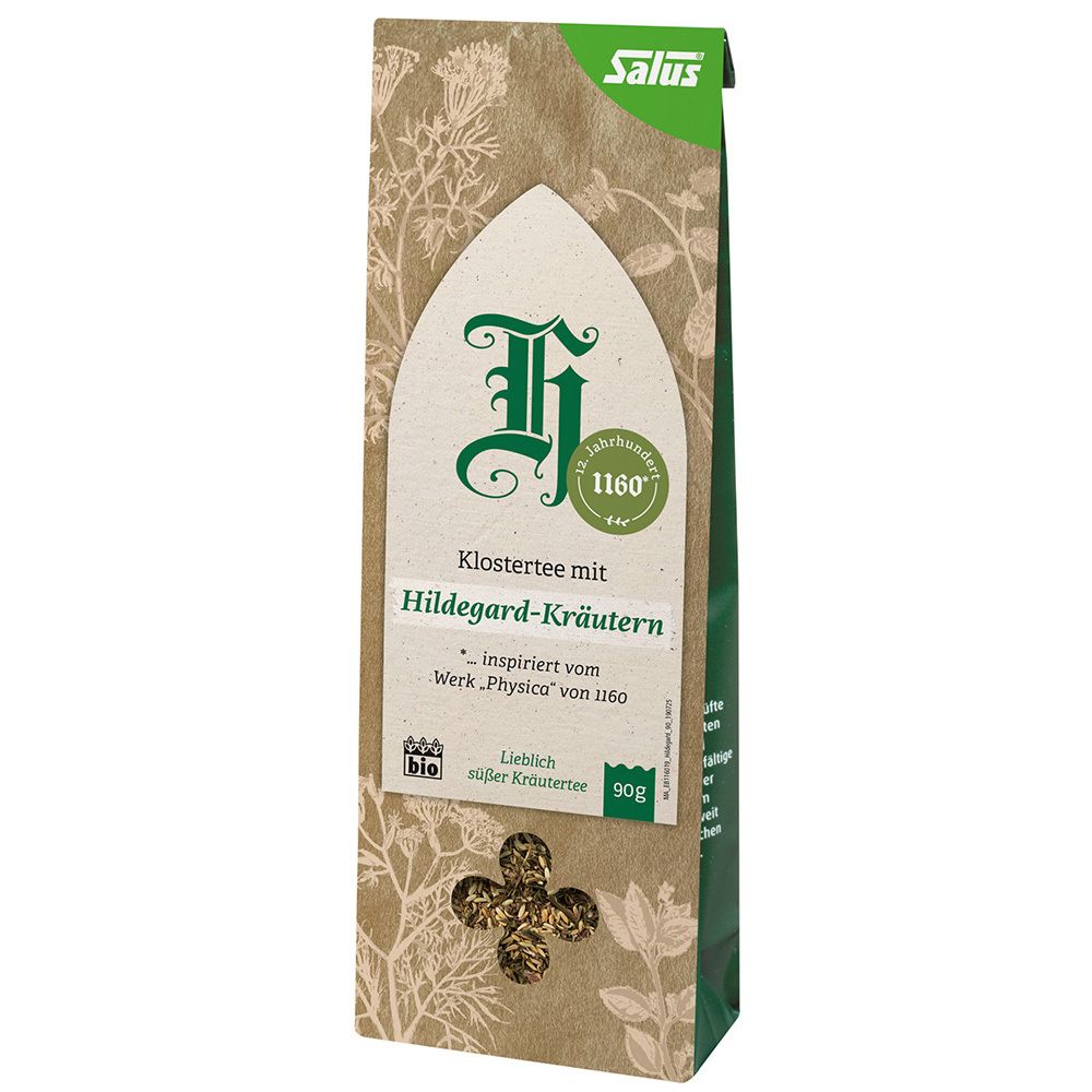 Beutel Salus® Klostertee mit Hildegard-Kräutern. Braune Verpackung mit grünem Akzent. Sichtbar: Logo, Produktname, Kräuter.